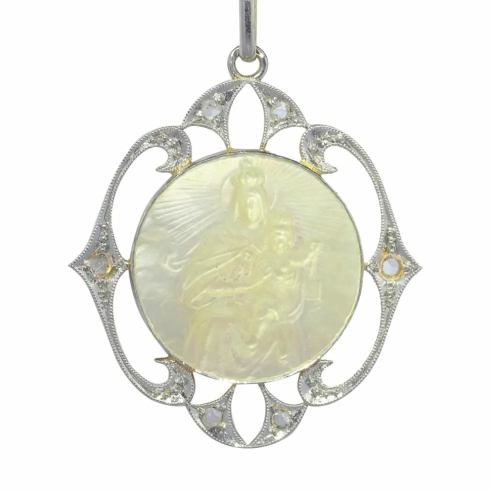Médaille Art Déco diamants Marie et l'enfant Jésus