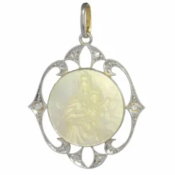 Médaille Art Déco diamants Marie et l'enfant Jésus