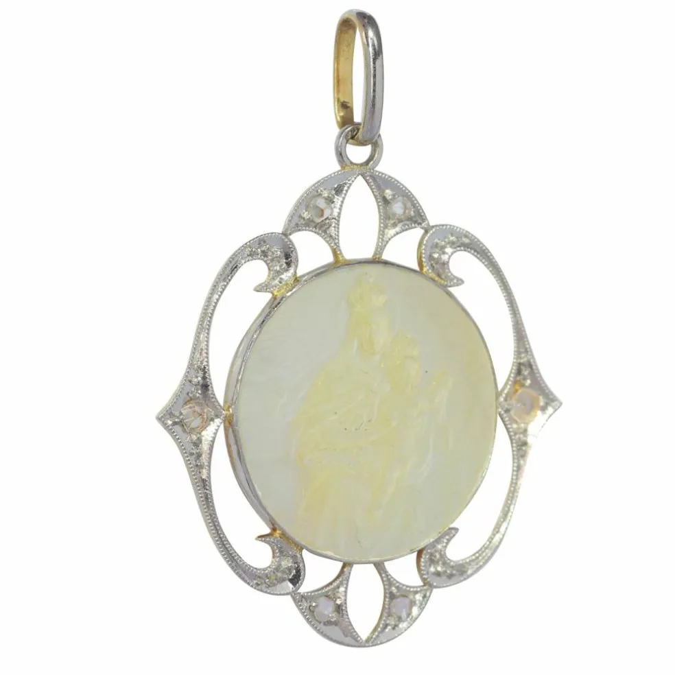 Médaille Art Déco diamants Marie et l'enfant Jésus