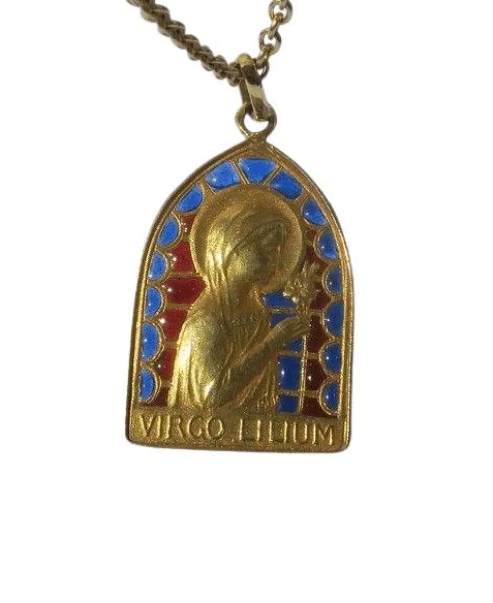 Médaille Art Nouveau Vierge au Lis émail plique à jour