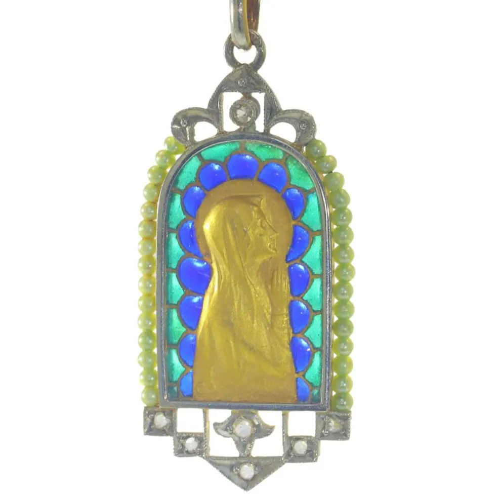 Médaille Marie vintage Diamants et émail plique-à-jour