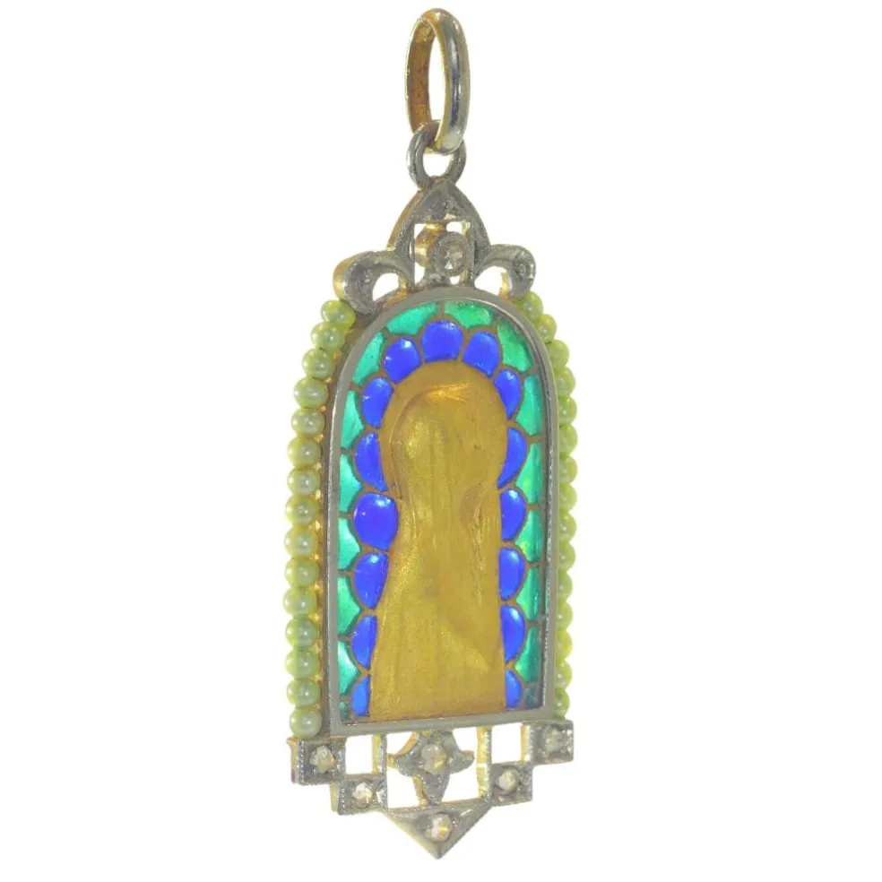 Médaille Marie vintage Diamants et émail plique-à-jour