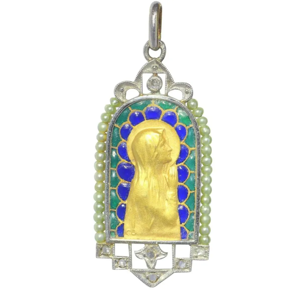 Médaille Marie vintage Diamants et émail plique-à-jour