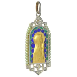Médaille Marie vintage Diamants et émail plique-à-jour