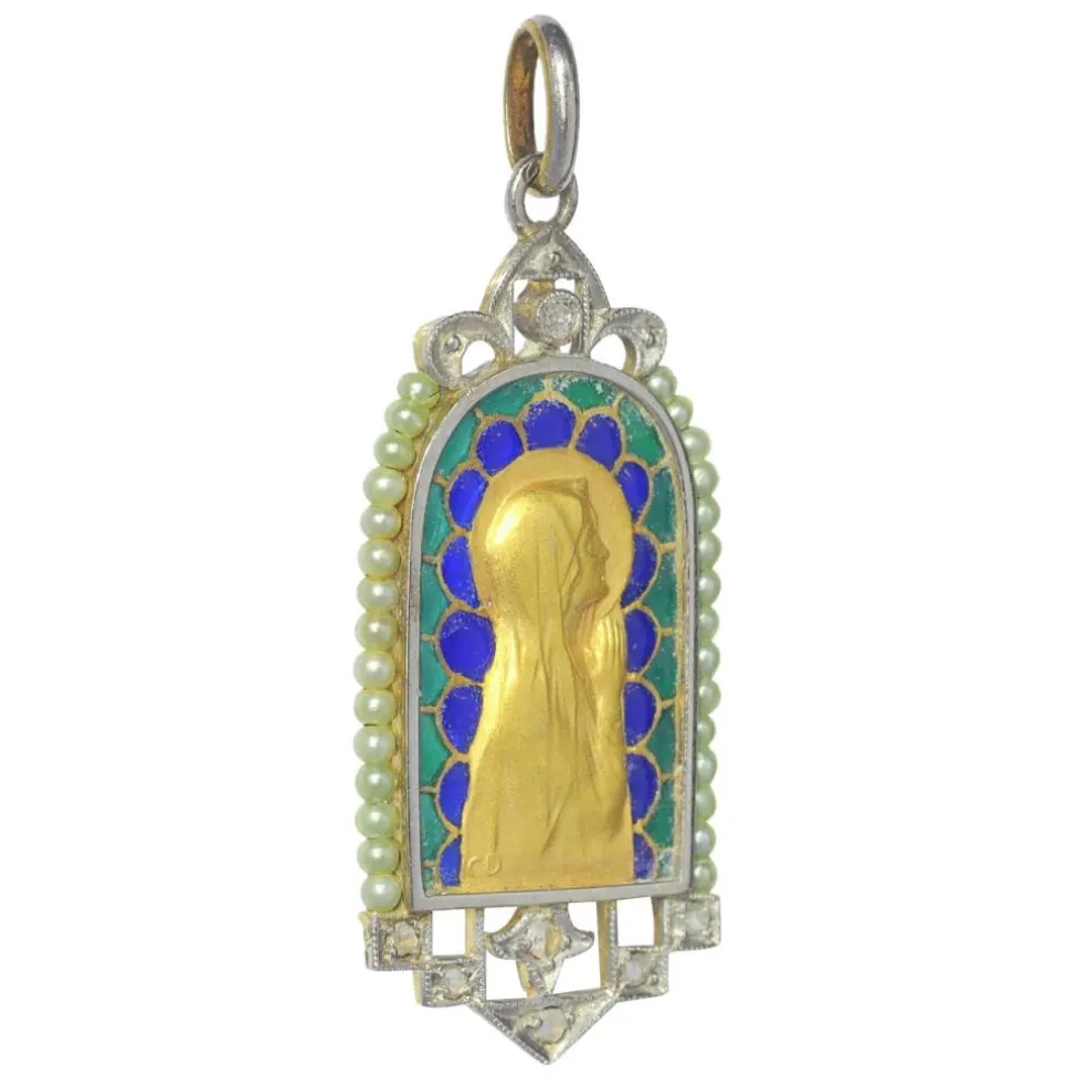 Médaille Marie vintage Diamants et émail plique-à-jour