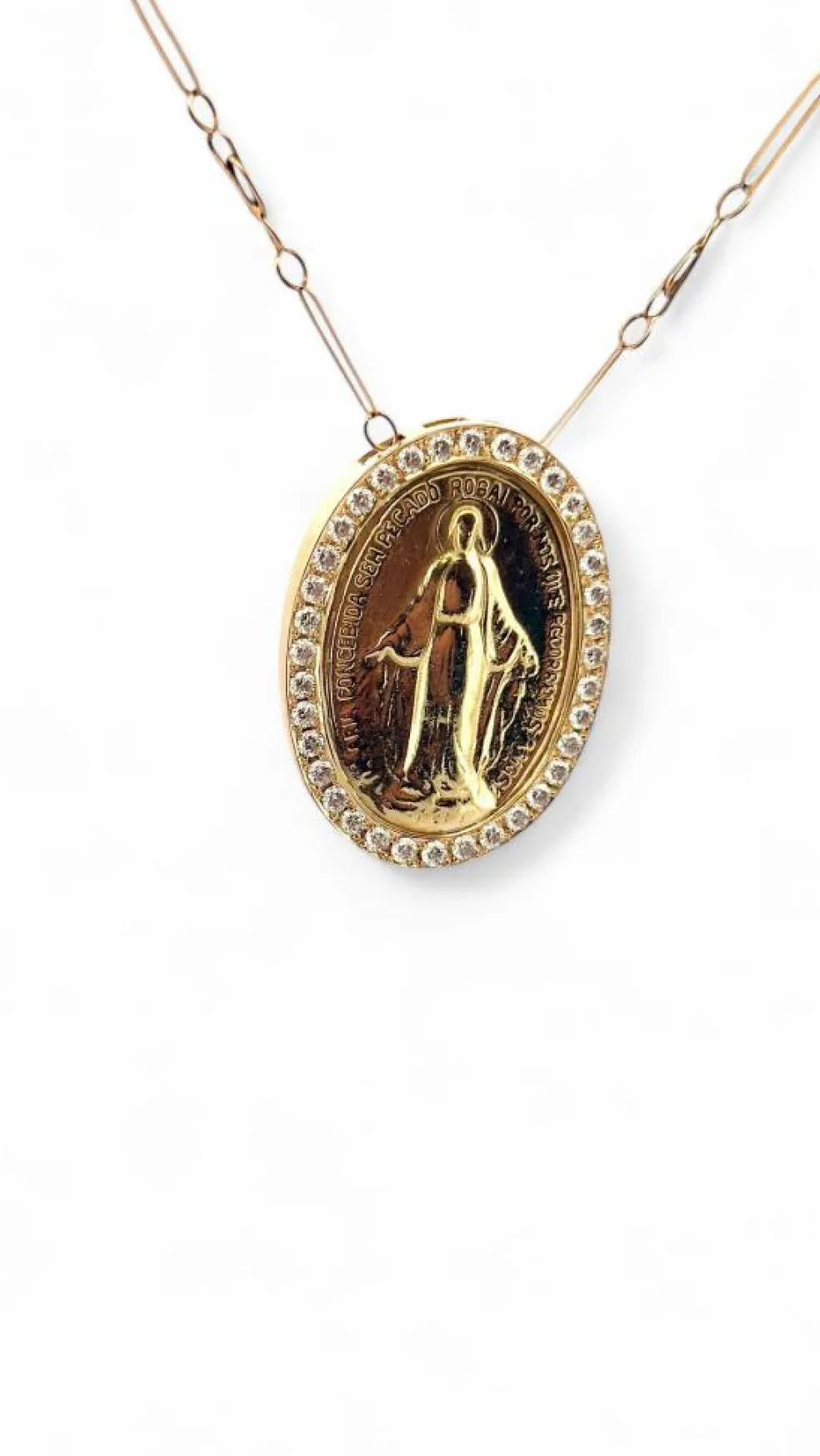 Médaille miraculeuse en or et diamants sur chaîne coulissante