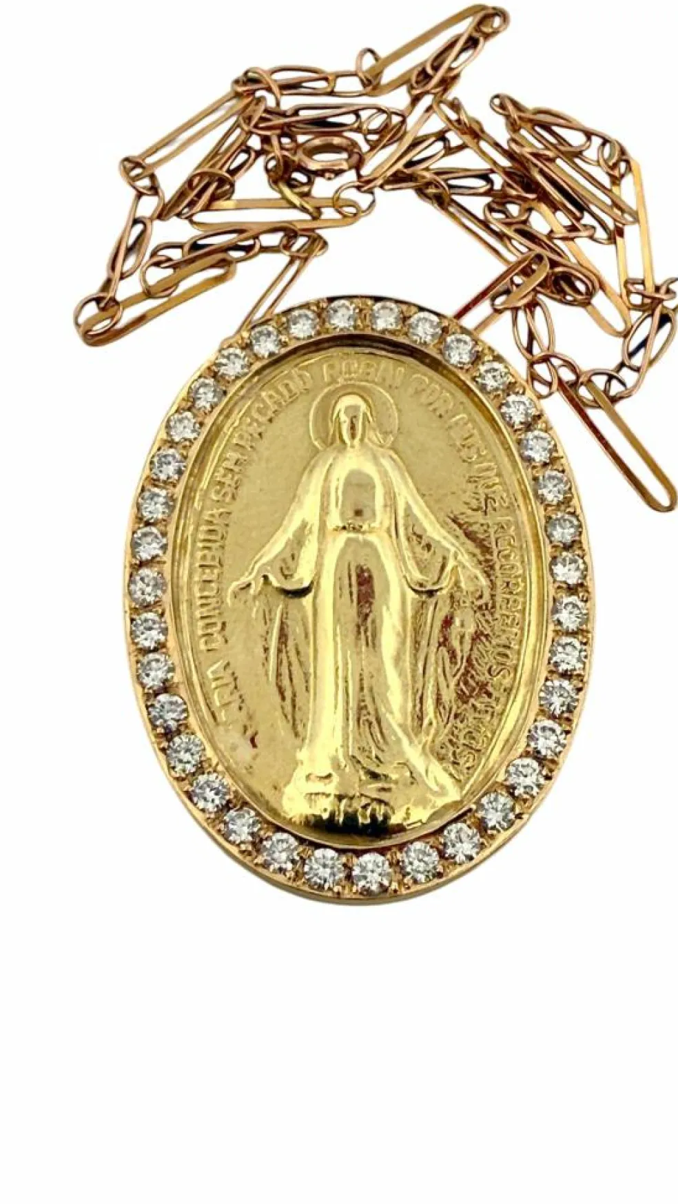 Médaille miraculeuse en or et diamants sur chaîne coulissante