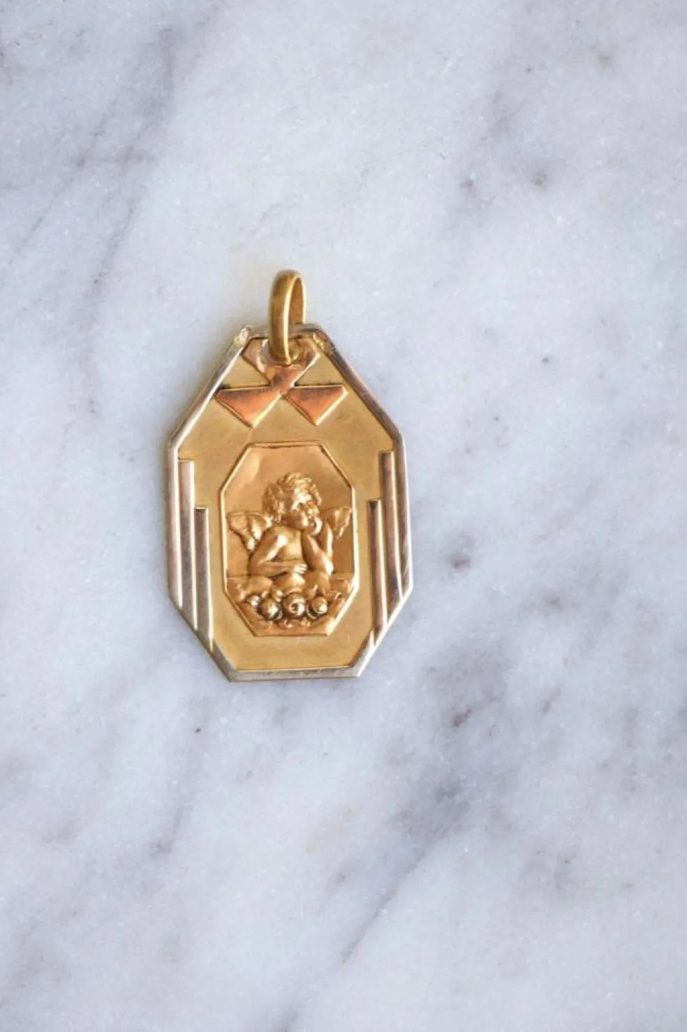 Médaille or Art Déco Ange Penseur
