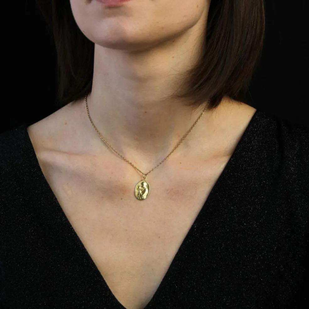 Médaille or jaune Vierge à l'enfant signée Dropsy
