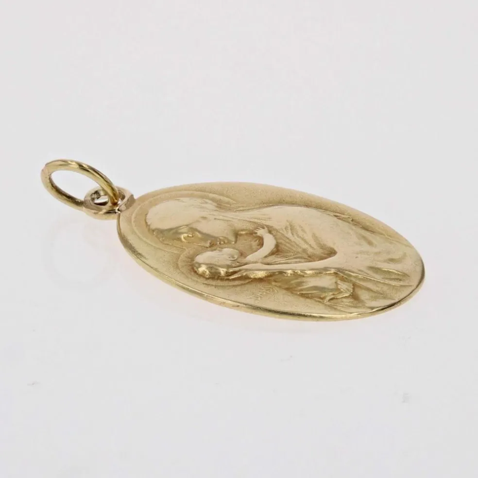 Médaille or jaune Vierge à l'enfant signée Dropsy