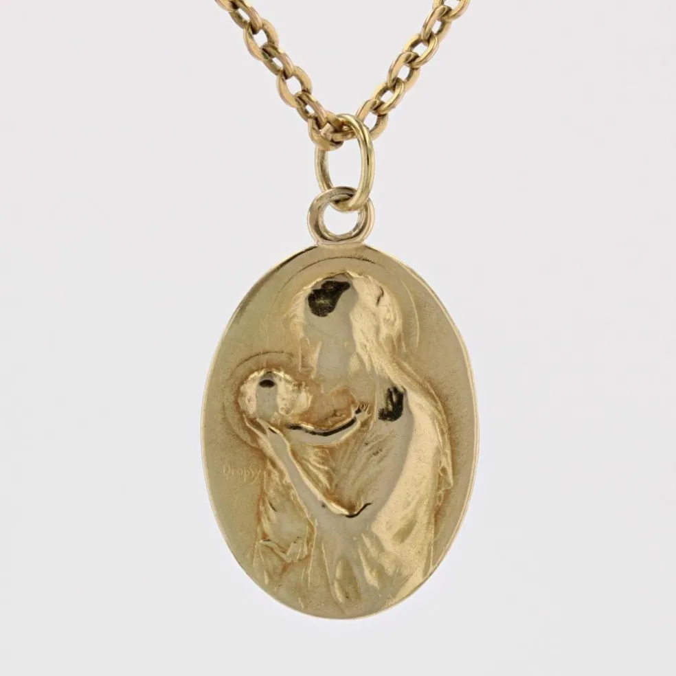 Médaille or jaune Vierge à l'enfant signée Dropsy
