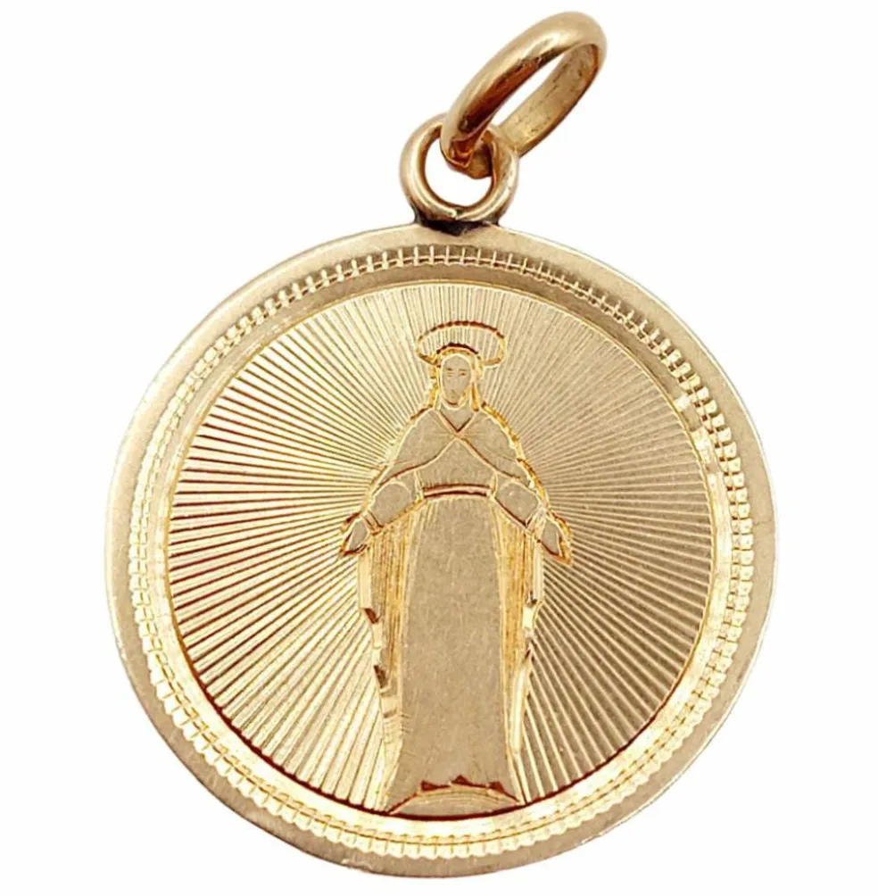 Médaille religieuse victorienne or rose 18k vierge et décorations finement ciselées (circa 1885)