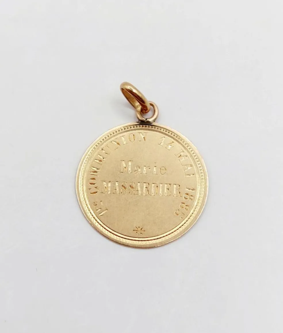 Médaille religieuse victorienne or rose 18k vierge et décorations finement ciselées (circa 1885)