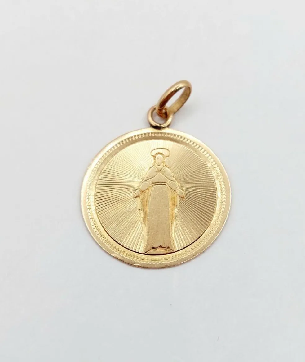 Médaille religieuse victorienne or rose 18k vierge et décorations finement ciselées (circa 1885)