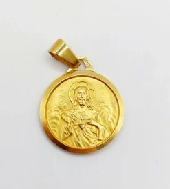 Médaille religieuse vintage or jaune double face représentant la vierge et Jésus Christ