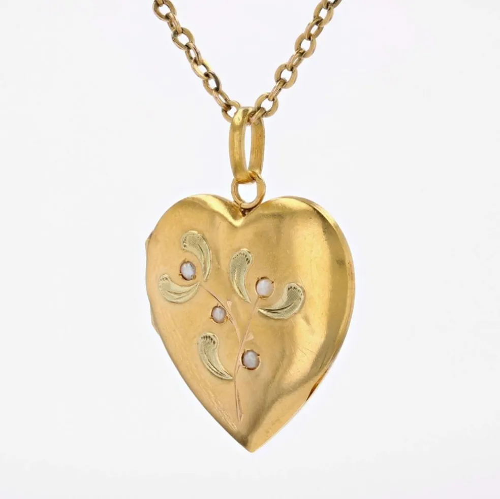 Médaillon ancien coeur perles fines or jaune et or vert