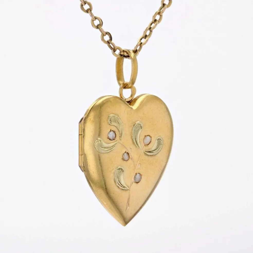 Médaillon ancien coeur perles fines or jaune et or vert