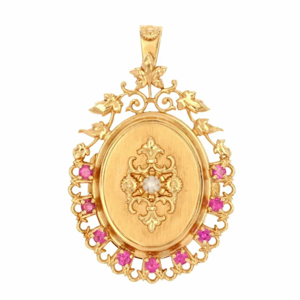 Médaillon ancien en or rose perle et rubis
