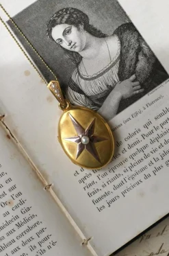 Médaillon ancien étoile or rose et or jaune, perles fines