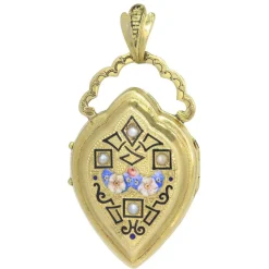 Médaillon en or avec émail et perles de rocaille naturelles