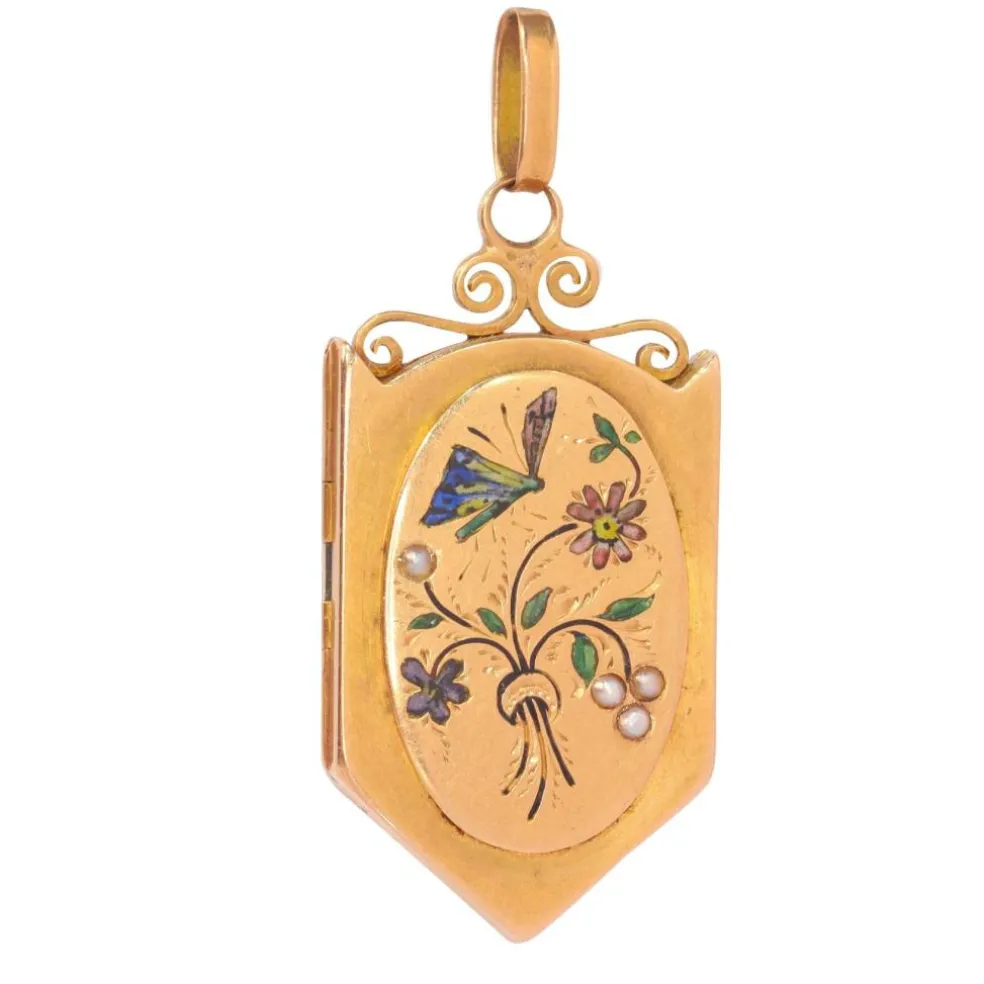 Médaillon en or avec émail, perles de rocaille