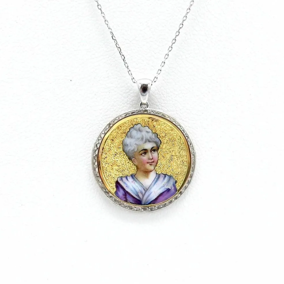 Médaillon miniature en émail victorien en or 14 carats avec chaîne en or 14 carats