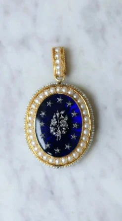 Médaillon ouvrant Or jaune Argent Email Diamants Perles