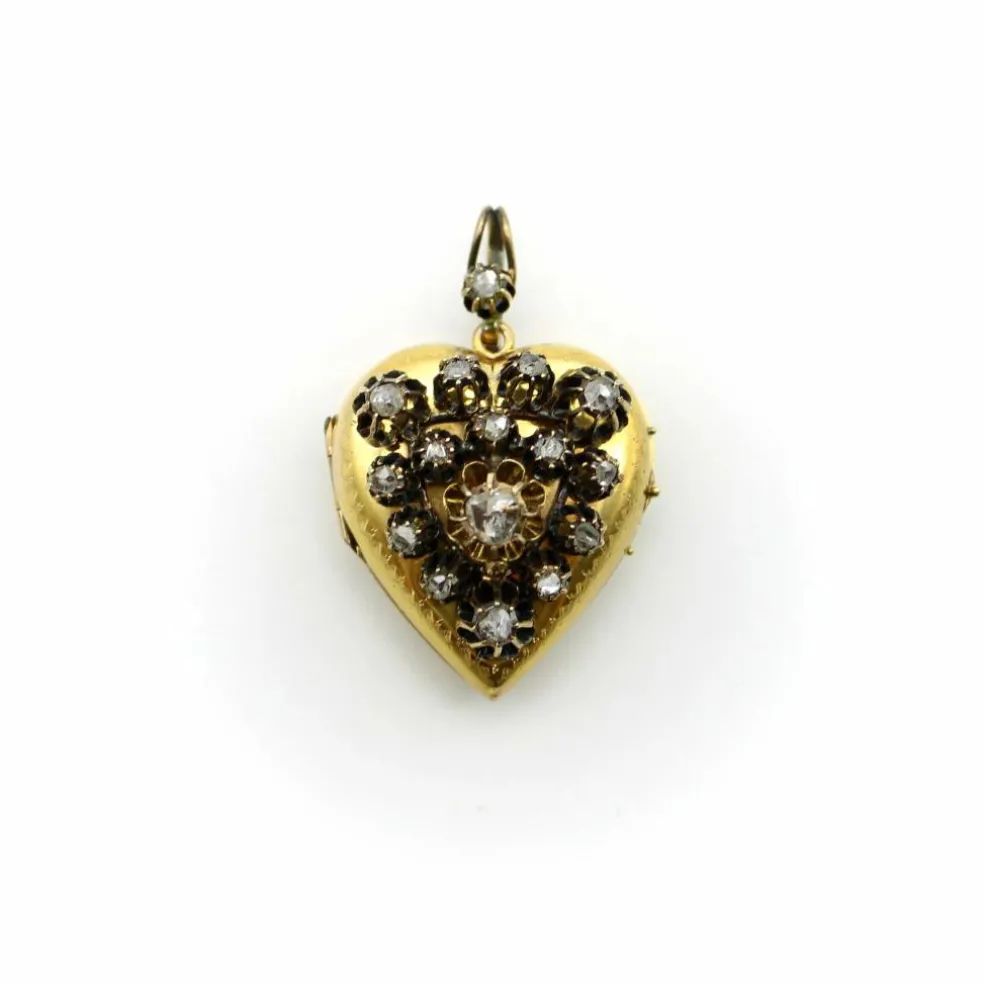 Médaillon victorien en or 18 carats avec cœur incrusté de diamants taille rose