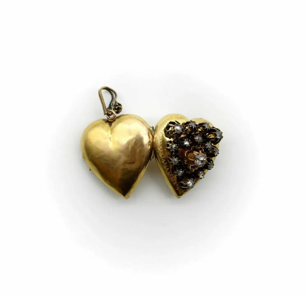 Médaillon victorien en or 18 carats avec cœur incrusté de diamants taille rose