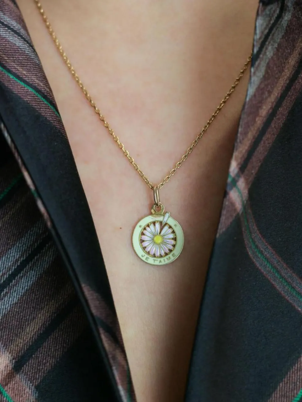 Medaille vintage Je t’aime or jaune émail