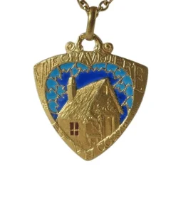MONIER rare pendentif ancien Cœur chaumière émail plique à jour or