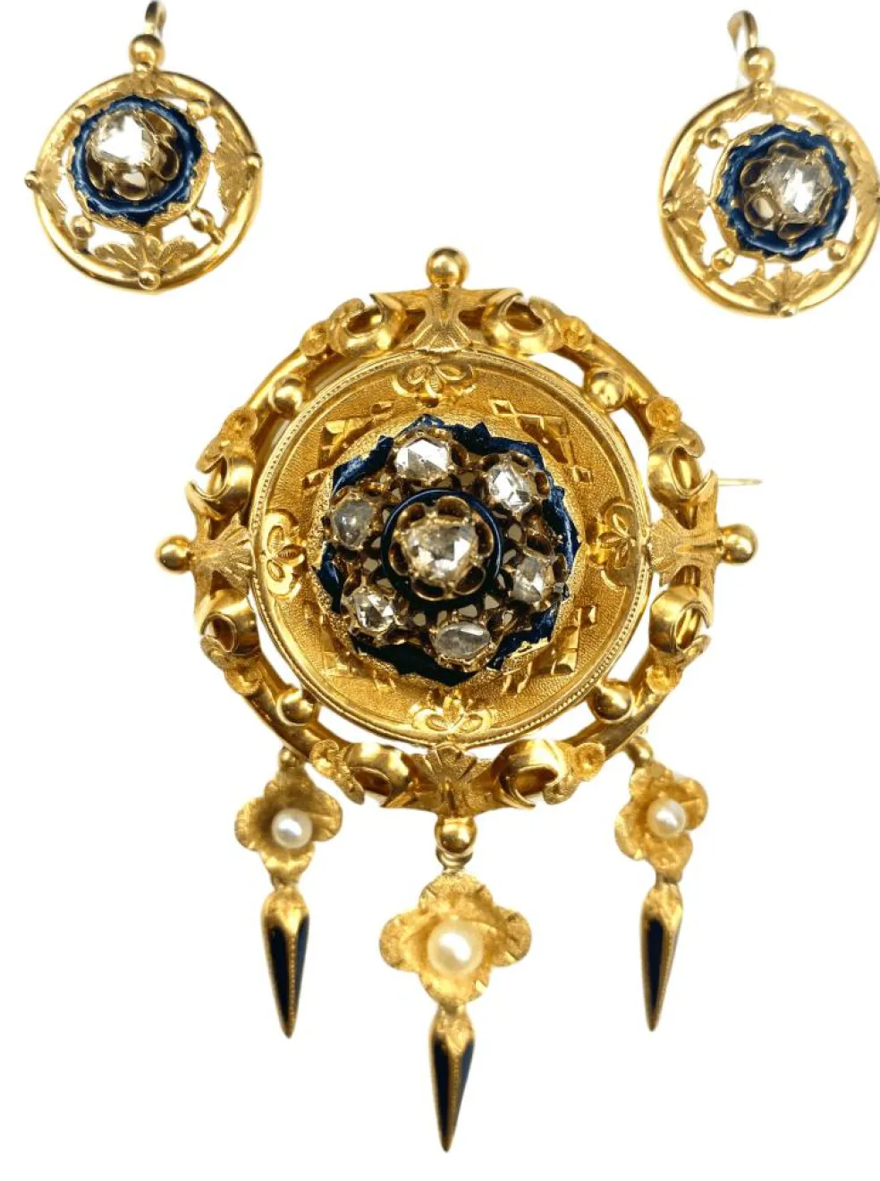 Parure : broche et boucles d’oreilles Email Diamants Perles