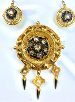 Parure : broche et boucles d’oreilles Email Diamants Perles