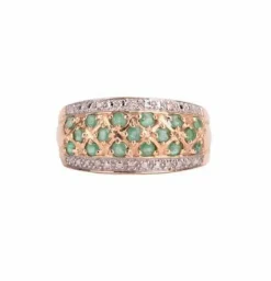 Parure Bague et boucles d’oreilles motif treillis diamants et émeraudes