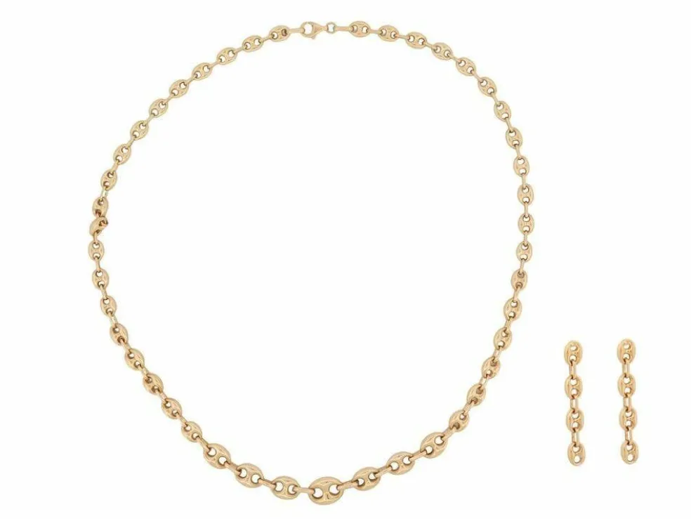 parure collier + boucles d'oreilles maille grain de cafe or 18k