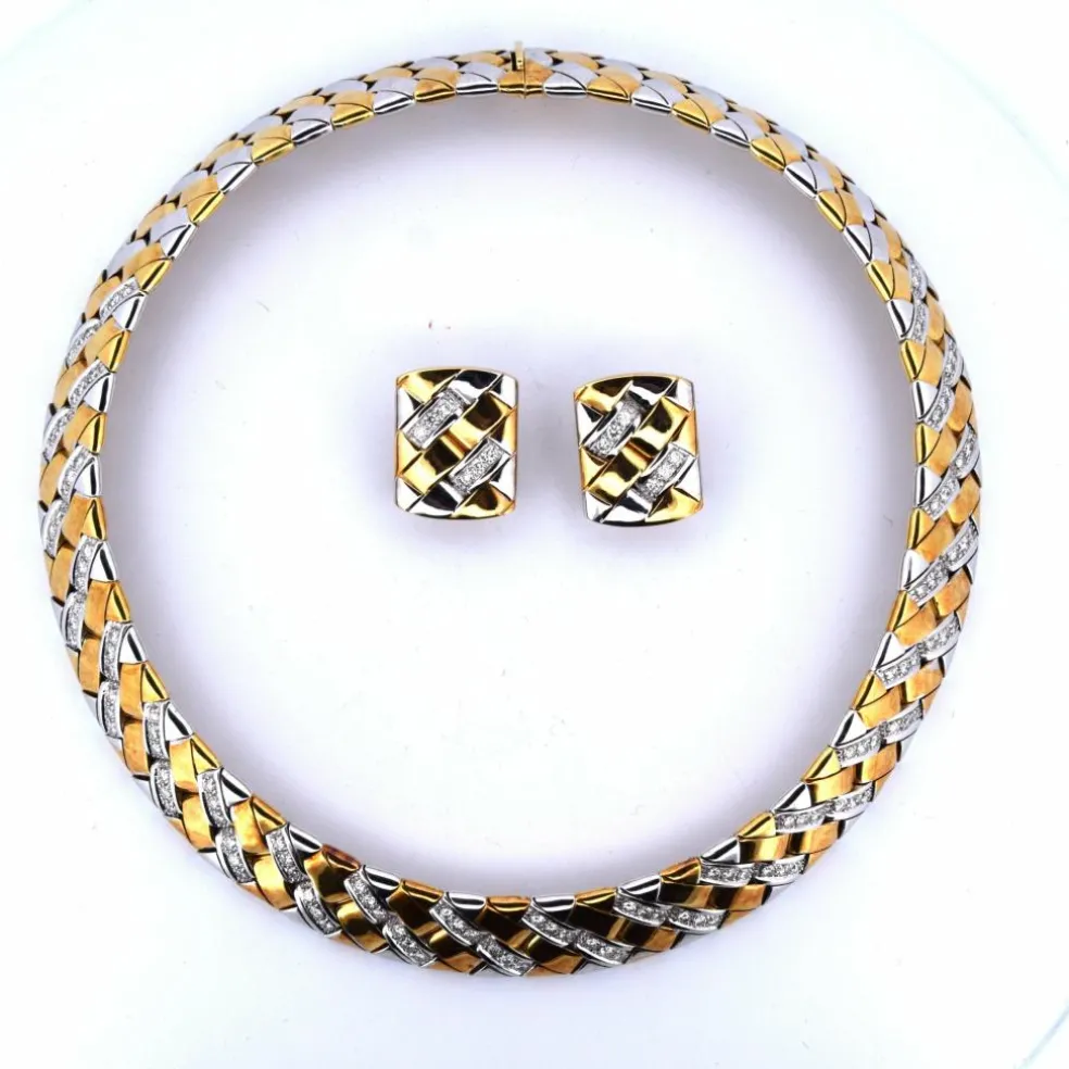 PARURE COLLIER ET BOUCLES D'OREILLES - OR BLANC ET JAUNE 18 KT