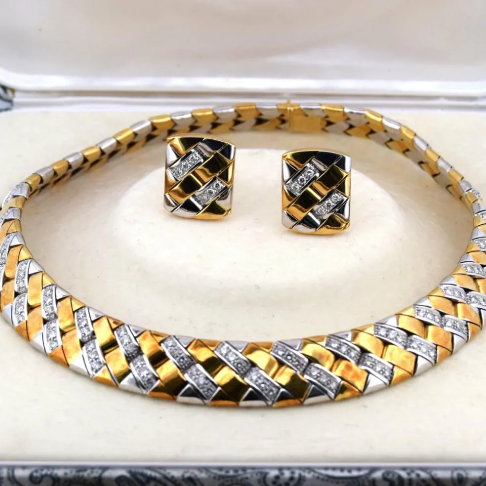 PARURE COLLIER ET BOUCLES D'OREILLES - OR BLANC ET JAUNE 18 KT