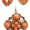 Parure Napoléon III - pendentif et boucles d’oreilles or, jaune, corail et perles fines
