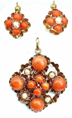 Parure Napoléon III - pendentif et boucles d’oreilles or, jaune, corail et perles fines