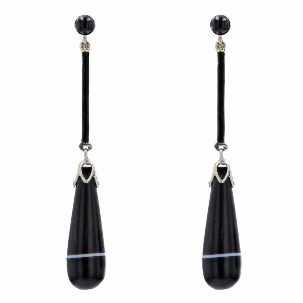 Pendants d'oreilles agates rubannées onyx émail et or