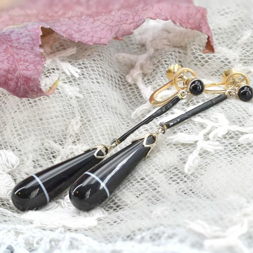 Pendants d'oreilles agates rubannées onyx émail et or