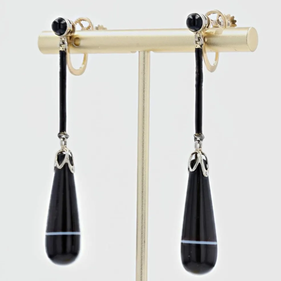 Pendants d'oreilles agates rubannées onyx émail et or