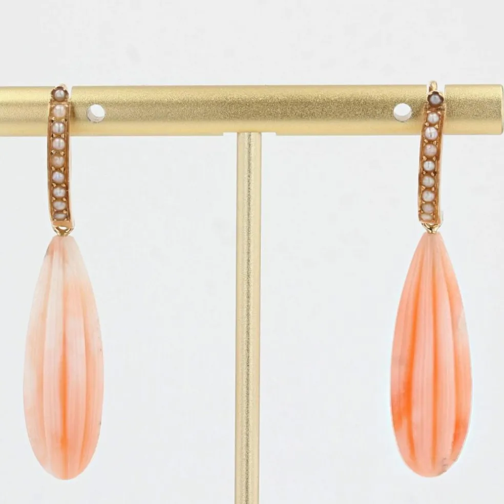 Pendants d'oreilles anciens corail peau d'ange perles fines