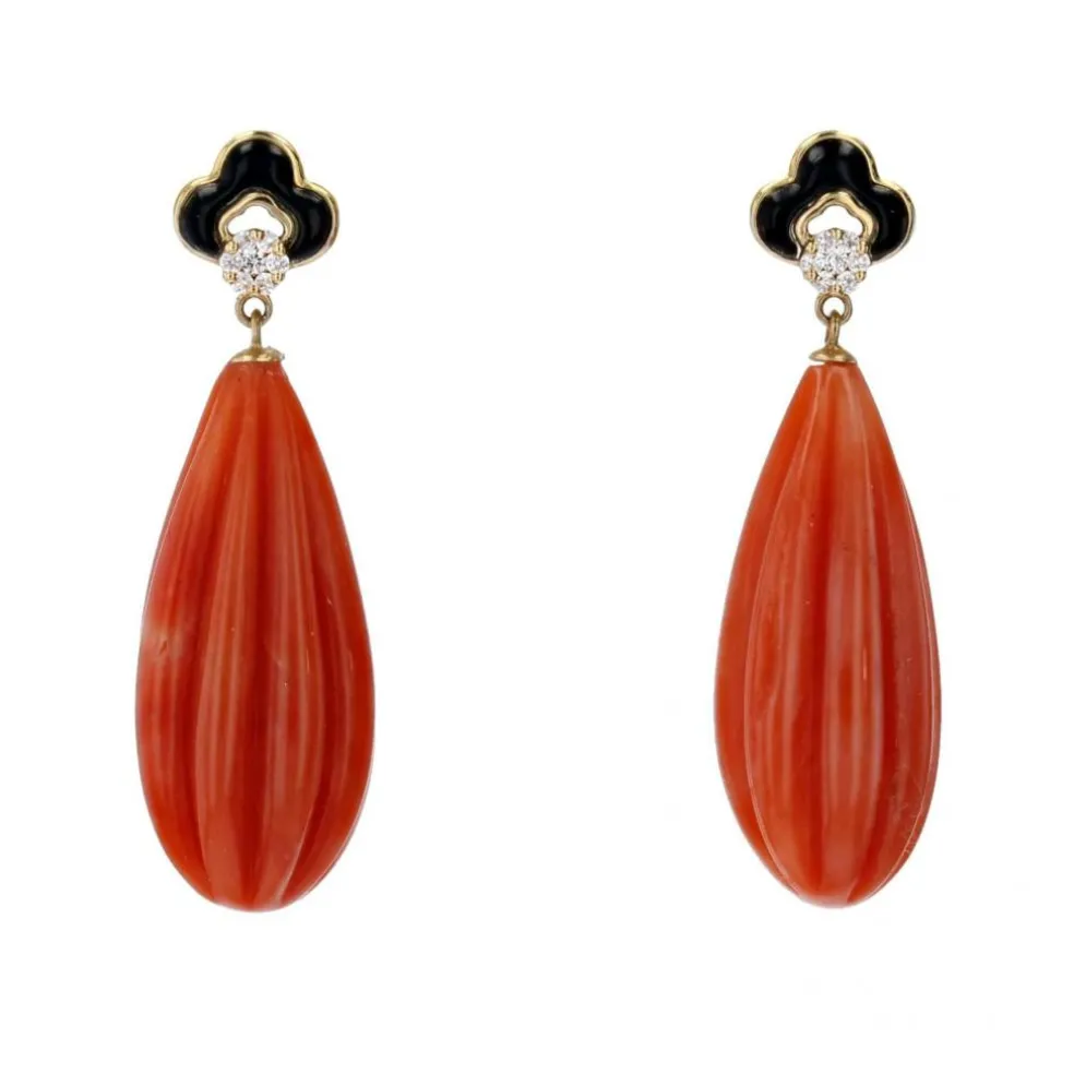 Pendants d'oreilles corail onyx et diamants