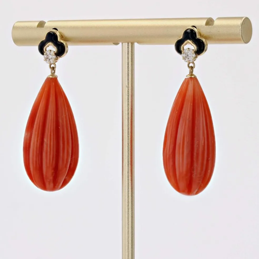 Pendants d'oreilles corail onyx et diamants