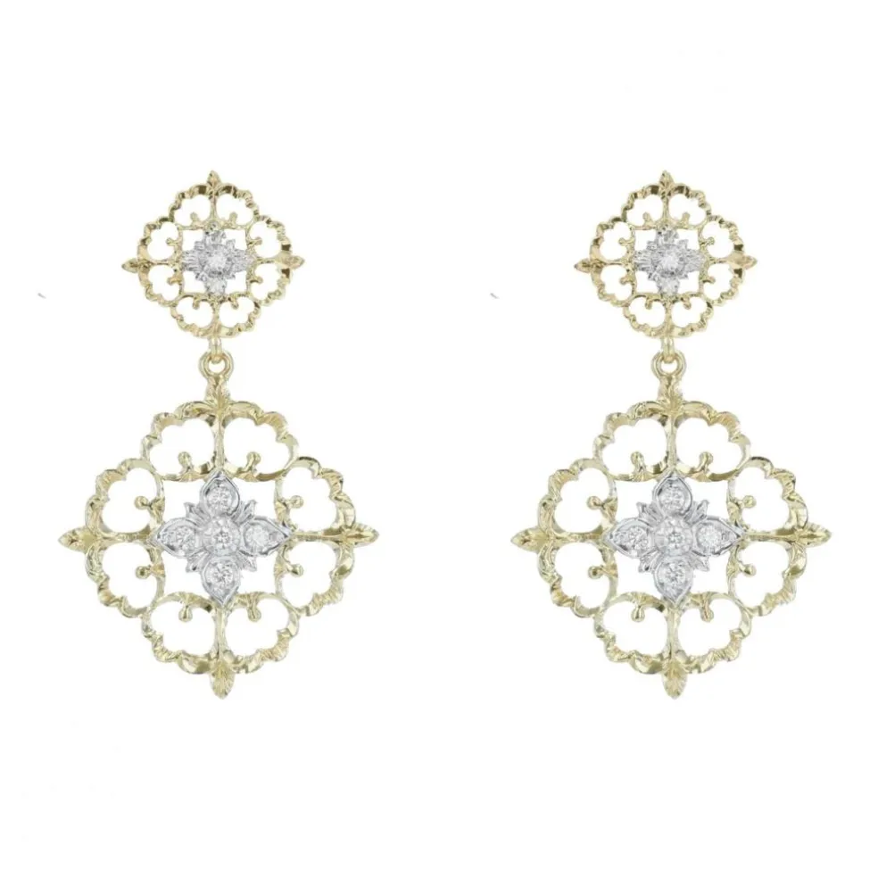 Pendants d'oreilles diamants ors jaune et blanc arabesques