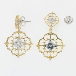 Pendants d'oreilles diamants ors jaune et blanc arabesques