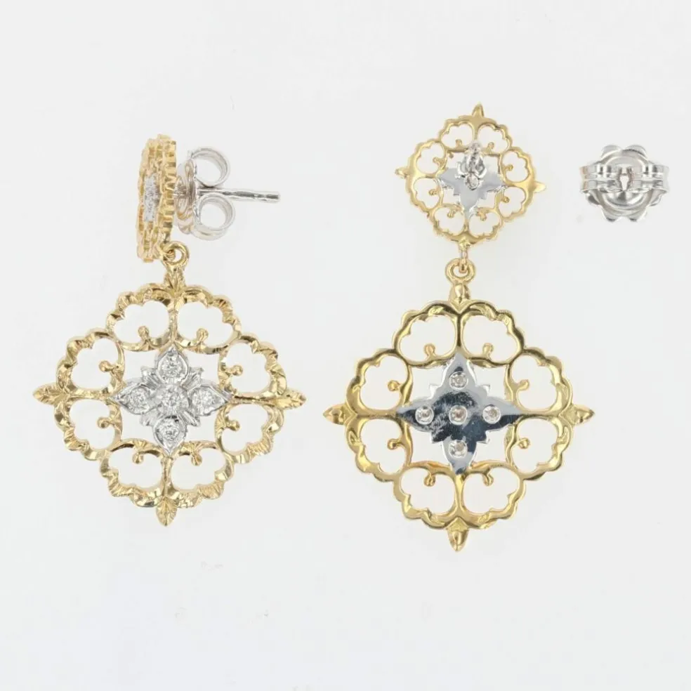 Pendants d'oreilles diamants ors jaune et blanc arabesques