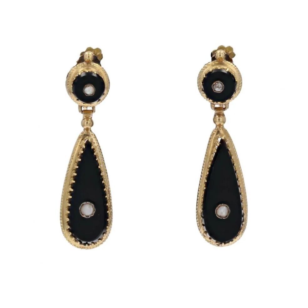 Pendants d'oreilles onyx et perles fines