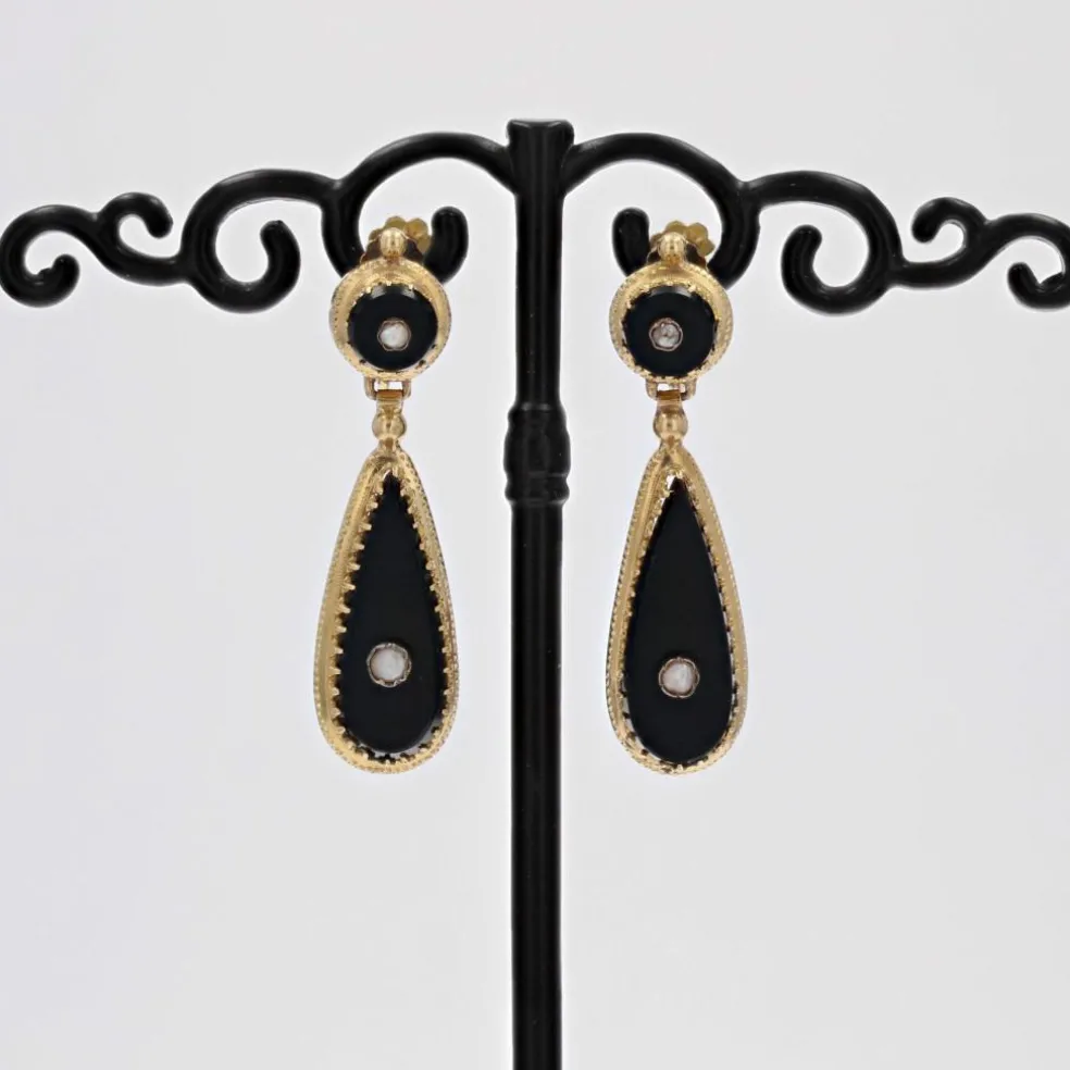 Pendants d'oreilles onyx et perles fines